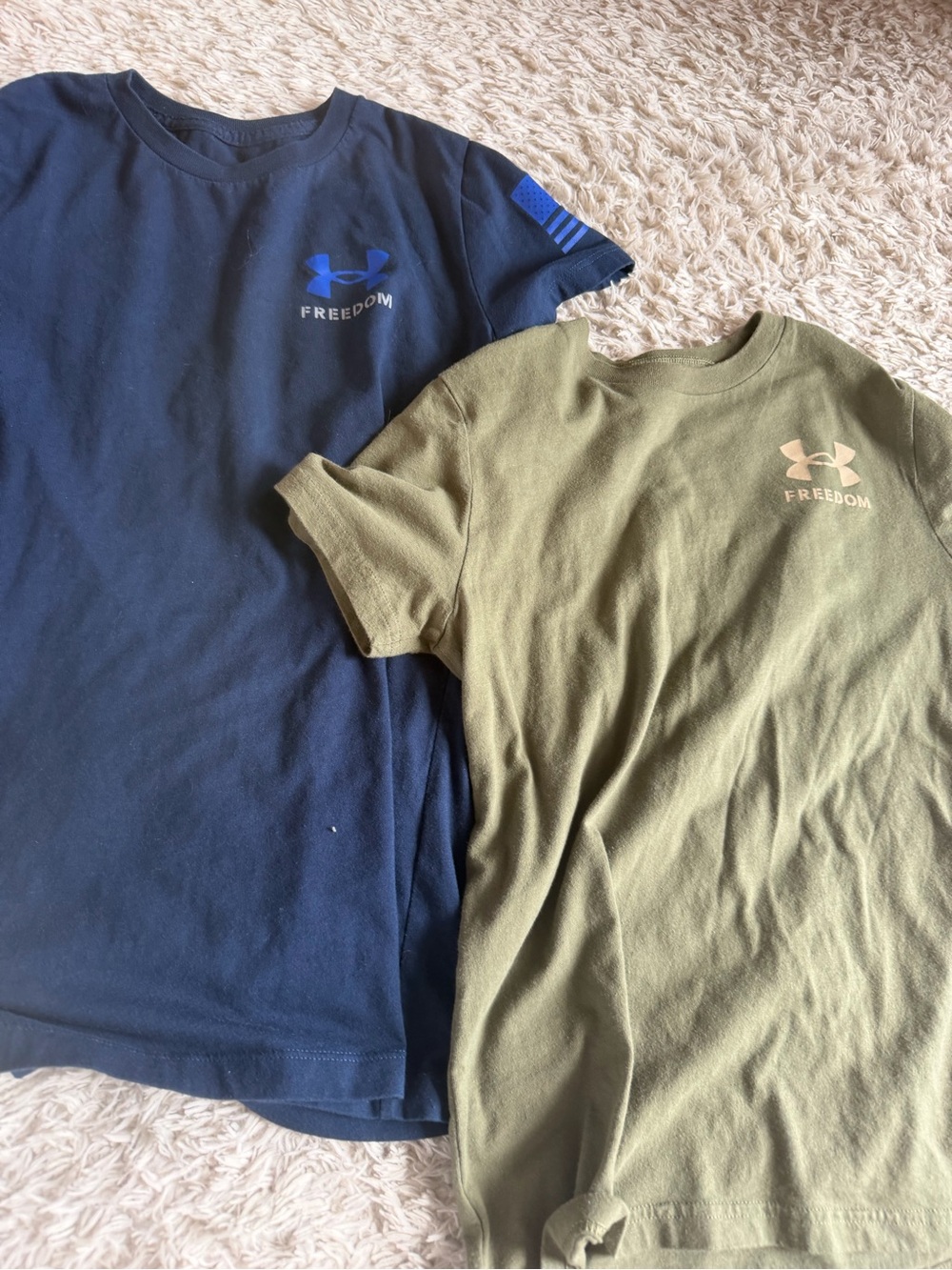 Under Armour Navy Blue & Olive Green Freedom Short Sleeve Tees - Boys $25